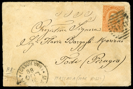 ITALIAN COLONIES Eritrea 1888 (3 July) small cover franked with Italian 20c, tied by barred "3862" numeral cancel and sent from Massaua to Todi, with departure "Massaua Ma Rosso" cds...
