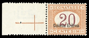 ITALIAN COLONIES Eritrea Postage Dues (J3a) 1920 20c buff and magenta, overprinted at bottom, left margin single, n.h., fine, with 2008 Sismondo certificate, cat. $1,900