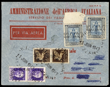 ITALIAN COLONIES Fezzan 1943 (11 June) cover (backflap missing) franked with two each of "Fezzan" handstamps on Libyan and Italian stamps, departure datestamps and arrival pmk, address...