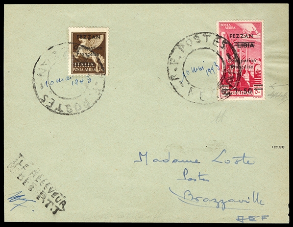 ITALIAN COLONIES Fezzan 1943 coverfront addressed to Brazzaville, franked with 50c and 7,50 on 50c surcharges, the latter showing two instead of three bars at bottom right, fine-v.f., signed...