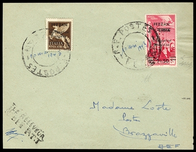 ITALIAN COLONIES Fezzan 1943 coverfront addressed to Brazzaville, franked with 50c and 7,50 on 50c surcharges, the latter showing two instead of three bars at bottom right, fine-v.f., signed...