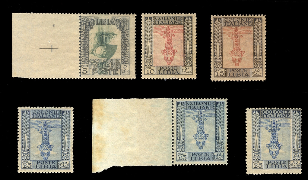 ITALIAN COLONIES Libya (22b-25a,53a) 1921 Pictorials, 5c, 10c, 15c and 25c (two different), each with center inverted, last one with sheet margin, also an additional 25c, n.h., fine-v.f. (Sass....