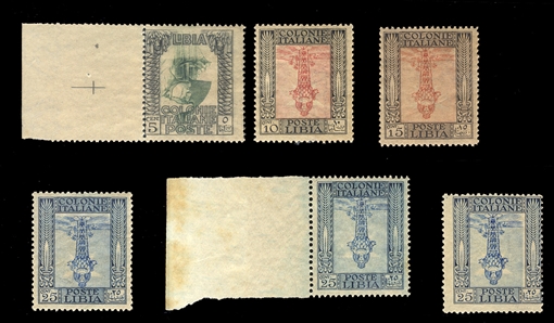 ITALIAN COLONIES Libya (22b-25a,53a) 1921 Pictorials, 5c, 10c, 15c and 25c (two different), each with center inverted, last one with sheet margin, also an additional 25c, n.h., fine-v.f. (Sass....