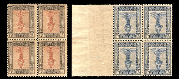 ITALIAN COLONIES Libya (22b,23a,24a,25a,53a) 1921 five different inverted centers, blocks of four, n.h., overall gum toning, fine-v.f., cat. $4,300