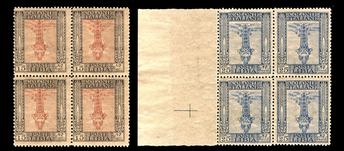 ITALIAN COLONIES Libya (22b,23a,24a,25a,53a) 1921 five different inverted centers, blocks of four, n.h., overall gum toning, fine-v.f., cat. $4,300