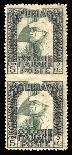 ITALIAN COLONIES Libya (22var) 1921 5c black & green, vertical pair imperf. between, n.h., fine, signed Colla, with his 2014 certificate (Sass.23l) €3,200