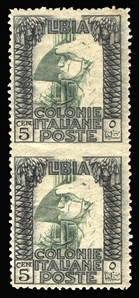 ITALIAN COLONIES Libya (22var) 1921 5c black & green, vertical pair imperf. between, n.h., fine, signed Colla, with his 2014 certificate (Sass.23l) €3,200