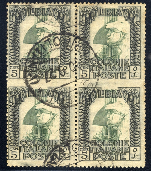 ITALIAN COLONIES Libya (22var) 1921 5c black & green, block of four, imperf. horizontally (two vertical pairs imperf. between), canceled in Tripolitania 1927, fine-v.f., signed Colla, with his...