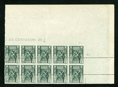 ITALIAN COLONIES Libya (39var) 1924 20c deep green, upper right corner imprint block of ten, imperf. vertically with horizontal perforations shifted into the middle of the stamps, unused without...