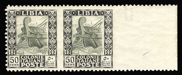 ITALIAN COLONIES Libya (55var) 1926 Pictorials, 50c black & olive green, horizontal pair imperf. between stamps and at right, n.h., fine, signed Colla, with his 2015 certificate (Sass. 64k)