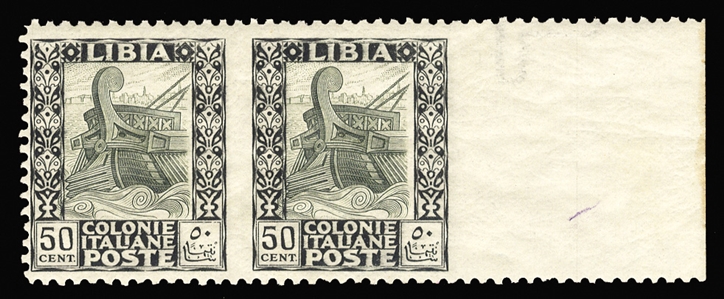 ITALIAN COLONIES Libya (55var) 1926 Pictorials, 50c black & olive green, horizontal pair imperf. between stamps and at right, n.h., fine, signed Colla, with his 2015 certificate (Sass. 64k)
