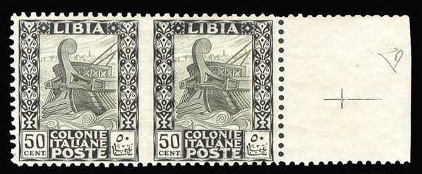 ITALIAN COLONIES Libya (55a,var) 1926-30 50c black & olive green, right sheet margin horizontal pair, imperf. between, n.h., v.f., signed Colla, with his 2014 certificate.  A rarity (Sass.64i)