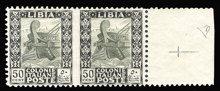 ITALIAN COLONIES Libya (55a,var) 1926-30 50c black & olive green, right sheet margin horizontal pair, imperf. between, n.h., v.f., signed Colla, with his 2014 certificate.  A rarity (Sass.64i)