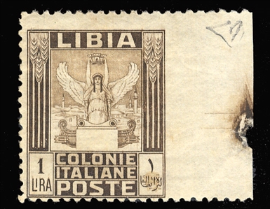 ITALIAN COLONIES Libya (58var) 1931 Pictorials, 1L brown & light brown, sheet margin single, variety imperf. at right, n.h., fine, signed Colla, with his 2014 certificate (Sass. 65f) €2,800