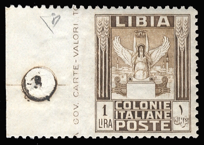 ITALIAN COLONIES Libya (58var) 1931 Pictorials, 1L brown & light brown, sheet margin, inscription single, variety imperf. at left, n.h., v.f., signed Colla, with his 2015 certificate (Sass....