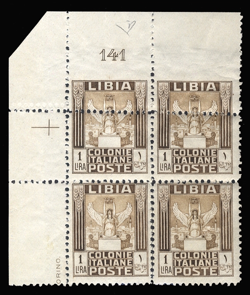 ITALIAN COLONIES Libya (58var) 1931 Pictorials, 1L brown & light brown, upper left plate number, sheet corner margin block of four, horizontal perfs shifted at top, resulting in margin...