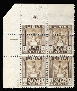 ITALIAN COLONIES Libya (58var) 1931 Pictorials, 1L brown & light brown, upper left plate number, sheet corner margin block of four, horizontal perfs shifted at top, resulting in margin...