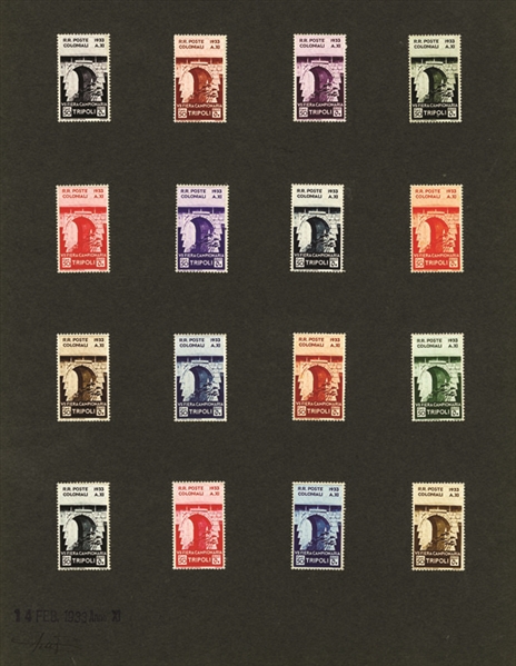 ITALIAN COLONIES Libya Semi-Postals (B38-47P) 1933 Tripoli Fair, 10c-10L set of 160 different trial color proofs (16 of each value) mounted on ten large cards, each dated, signed and with...