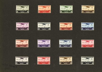 ITALIAN COLONIES Libya Semi-Postals (B38-47P) 1933 Tripoli Fair, 10c-10L set of 160 different trial color proofs (16 of each value) mounted on ten large cards, each dated, signed and with...