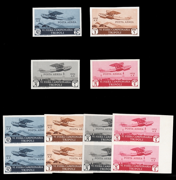 ITALIAN COLONIES Libya Air Post (C4-7P) 1932 6th Tripoli Fair, imperforate singles and vertical pairs, imperforate plate proofs on white chalky paper, v.f. (Sass. A4-7, €3,000)