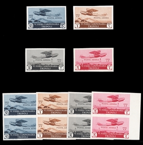 ITALIAN COLONIES Libya Air Post (C4-7P) 1932 6th Tripoli Fair, imperforate singles and vertical pairs, imperforate plate proofs on white chalky paper, v.f. (Sass. A4-7, €3,000)