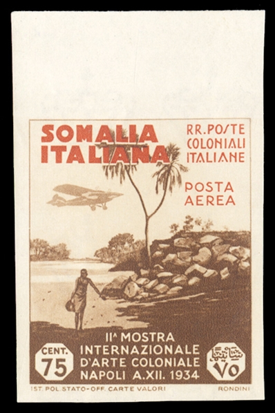 ITALIAN COLONIES Somalia Air Post (C3a) 1934 2nd Colonial Arts Exhibition, 75c brown & red orange, imperforate top sheet margin example, l.h. in margin only, stamp n.h., v.f., signed Sanabria,...