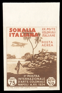 ITALIAN COLONIES Somalia Air Post (C3a) 1934 2nd Colonial Arts Exhibition, 75c brown & red orange, imperforate top sheet margin example, l.h. in margin only, stamp n.h., v.f., signed Sanabria,...