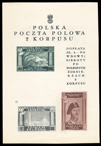 ITALIAN WORLD WAR II OCCUPATION ISSUES Polish Corps in Italy - Corpo Polacco  (Sass.BF 1Acad) 1945 2nd Corps souvenir sheet of four, white paper, reduced size 105x153mm (instead of 120x162),...