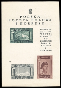 ITALIAN WORLD WAR II OCCUPATION ISSUES Polish Corps in Italy - Corpo Polacco  (Sass.BF 1Acad) 1945 2nd Corps souvenir sheet of four, white paper, reduced size 105x153mm (instead of 120x162),...