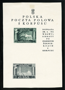 ITALIAN WORLD WAR II OCCUPATION ISSUES Polish Corps in Italy - Corpo Polacco  (Sass.F1Ae) 1945 souvenir sheet (white paper) of only two instead of four values (55gr blue and 2zl brown omitted),...
