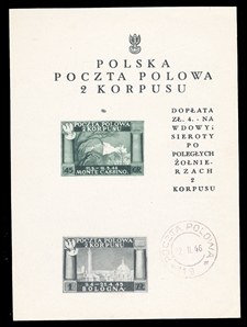ITALIAN WORLD WAR II OCCUPATION ISSUES Polish Corps in Italy - Corpo Polacco  (Sass.BF 1Ada) 1945 2nd Corps souvenir sheet of four, white paper, reduced size 105x153mm (instead of 120x162),...