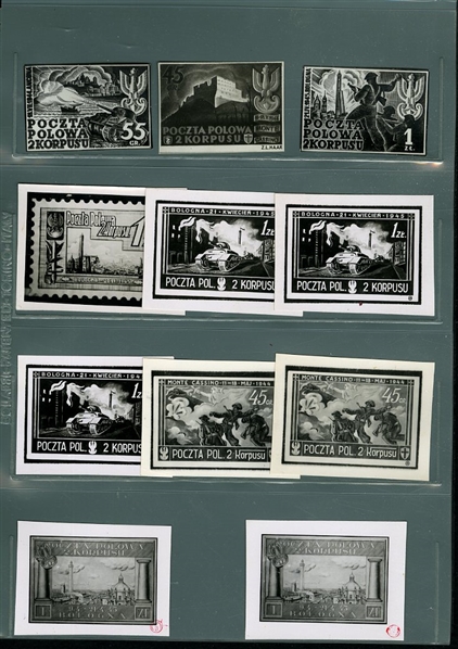 ITALIAN WORLD WAR II OCCUPATION ISSUES Polish Corps in Italy - Corpo Polacco 1945-46 selection of 23 proofs and photo-proofs, 23 different unaccepted designs, showing Battle Scenes, General...