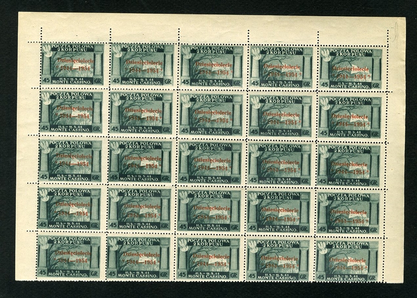ITALIAN WORLD WAR II OCCUPATION ISSUES Polish Corps in Italy - Corpo Polacco 1954 Tenth Anniversary "1944-1954" overprinted in red, 45gr green, top sheet margin pane of 25, n.h., fine-v.f.,...