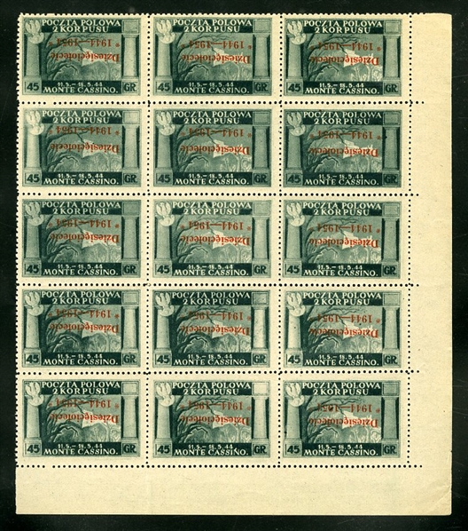 ITALIAN WORLD WAR II OCCUPATION ISSUES Polish Corps in Italy - Corpo Polacco 1954 Tenth Anniversary "1944-1954" vermilion overprint inverted, 45gr green, single, block of four and sheet corner...