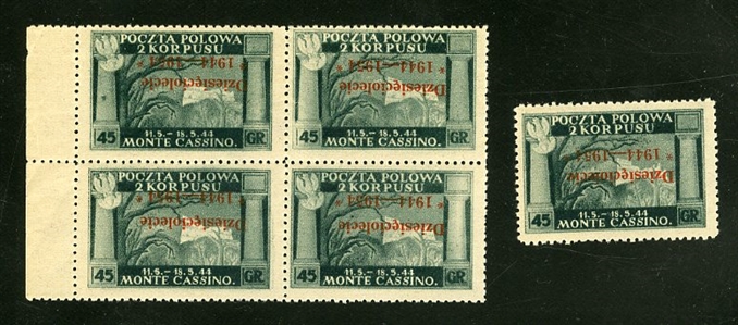 ITALIAN WORLD WAR II OCCUPATION ISSUES Polish Corps in Italy - Corpo Polacco 1954 Tenth Anniversary 1944-1954 vermilion overprint inverted, 45gr green, single, block of four and sheet corner...