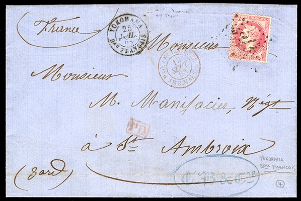 JAPAN 1868 (25 July) FL to St.Ambroix, franked with single 80c Napoleon (Empire), tied by large "5118" numerals, with corresponding "Yokohama Bau Francais" departure cds alongside, red...