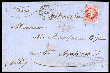 JAPAN 1868 (25 July) FL to St.Ambroix, franked with single 80c Napoleon (Empire), tied by large "5118" numerals, with corresponding "Yokohama Bau Francais" departure cds alongside, red...