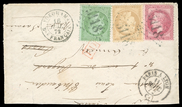JAPAN 1872 (16 July) small cover (slightly reduced) to Paris, franked with 15c Ceres (Repub) and 5c and 80c Napoleon (Empire), tied by large "5118" numerals, with corresponding "Yokohama Bau...