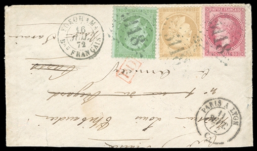 JAPAN 1872 (16 July) small cover (slightly reduced) to Paris, franked with 15c Ceres (Repub) and 5c and 80c Napoleon (Empire), tied by large "5118" numerals, with corresponding "Yokohama Bau...