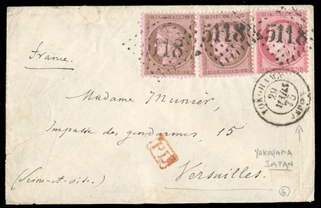 JAPAN 1875 (29 Mar) small cover to Versailles, franked with 80c and 2x10c Ceres, tied by large "5118" numerals, with corresponding "Yokohama Japon" departure cds below, transit and arrival...