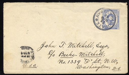 JAPAN 1895 (25 Mar) cover to USA franked with 5sen ultramarine, tied by Hakodate cds, various transit and arrival pmks, backflap missing, otherwise v.f.