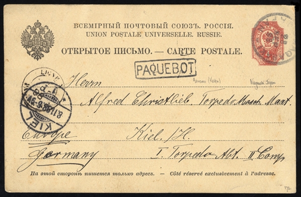 JAPAN  1898 Russian 4k postal stationery card sent from Vladivostok, via Nagasaki, where it was canceled 28 Sept 1898, with boxed "Paquebot" struck in Gennsan, Korea, also forwarded by a...