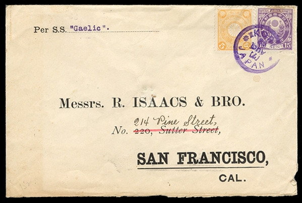 JAPAN 1902 (7 Aug) cover to San Francisco, routed "Per S.S. Gaelic", franked with 5s and 10s, tied by Kobe departure in violet, oval "R.Isaacs & Bro. Hiogo, Japan" forwarders handstamp and...