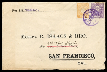 JAPAN 1902 (7 Aug) cover to San Francisco, routed "Per S.S. Gaelic", franked with 5s and 10s, tied by Kobe departure in violet, oval "R.Isaacs & Bro. Hiogo, Japan" forwarders handstamp and...