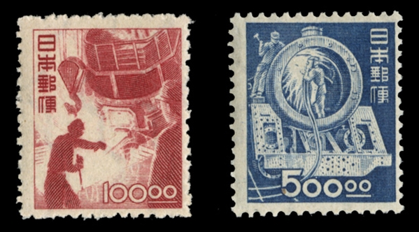JAPAN  (435-436) 1949 100y carmine and 500y deep blue, h.r., fine, cat. $1,150