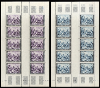 LAOS 25-26,C13) 1954 Accession of King Sisavang-Vong, set of three horizontal gutter panes of ten, n.h., v.f. (YT 28-29,PA13) cat. $2,555