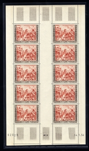 LAOS 25-26,C13) 1954 Accession of King Sisavang-Vong, set of three horizontal gutter panes of ten, n.h., v.f. (YT 28-29,PA13) cat. $2,555
