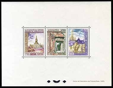 LAOS (60-65var) 1959 Historic Monuments, set of two perforated and gummed sheetlets of three, n.h., one with minor toning, otherwise v.f.  Only 15 sets printed