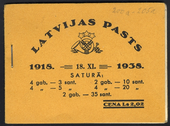 LATVIA (200a/205a) 1938 unexploded Ls 2,02 booklet with six panes of two or four, yellow covers with black inscriptions, n.h., v.f.