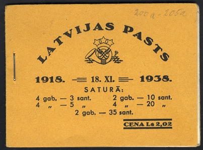 LATVIA (200a/205a) 1938 unexploded Ls 2,02 booklet with six panes of two or four, yellow covers with black inscriptions, n.h., v.f.